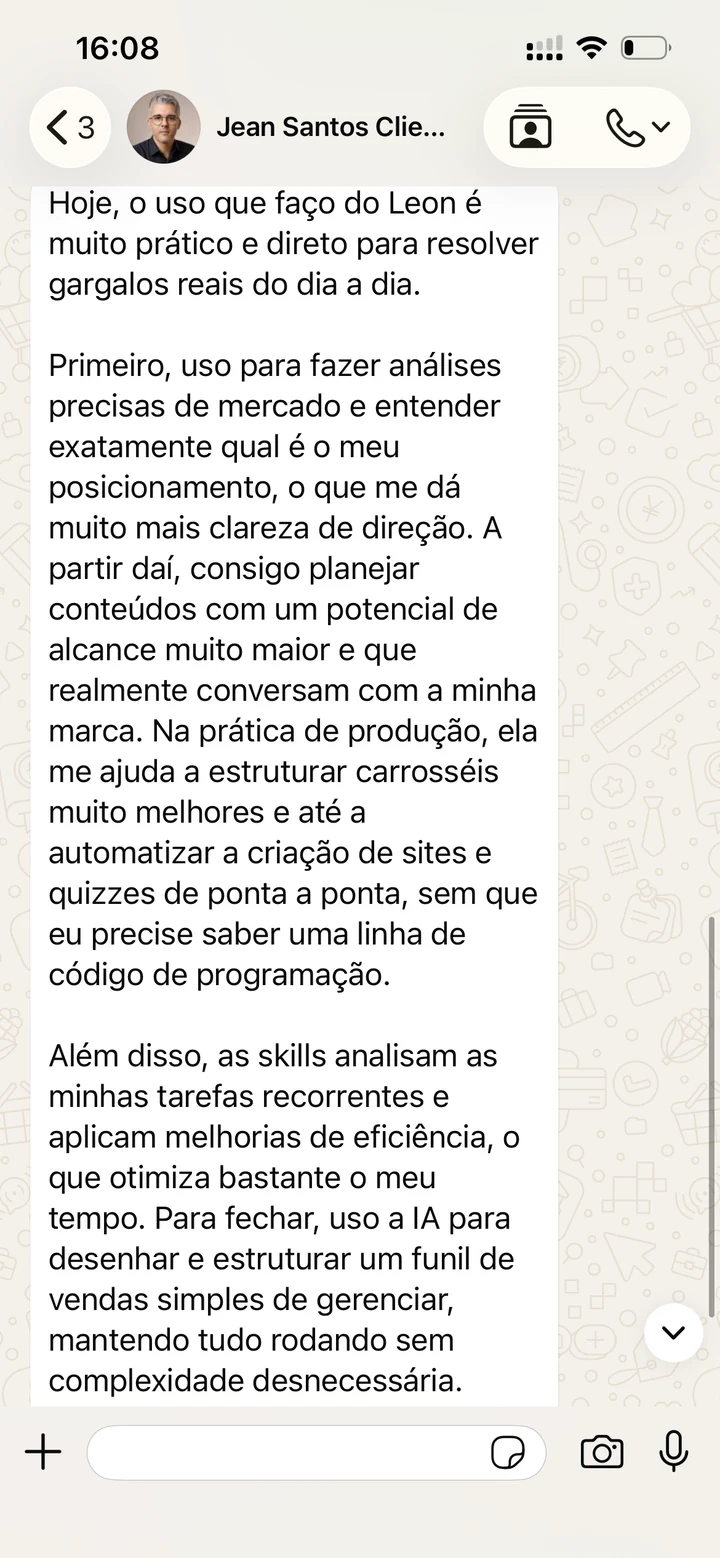 Mensagem de Jean sobre trabalhos feitos sobre o LEON