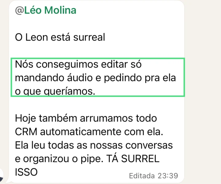 Mensagem de Sócio IA sobre o LEON